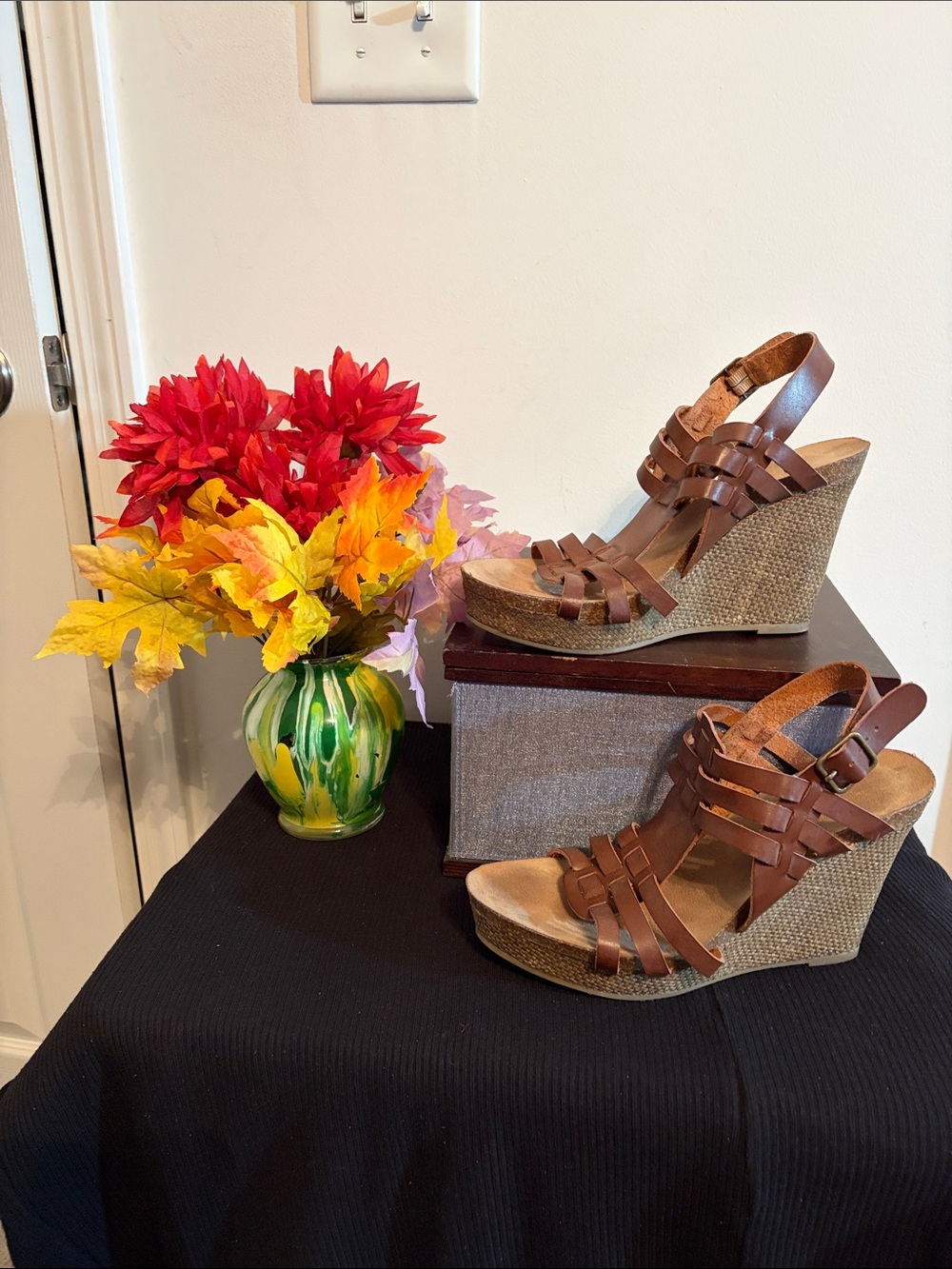 MIA Brown Leather Wedge Sandals with Woven Platform
